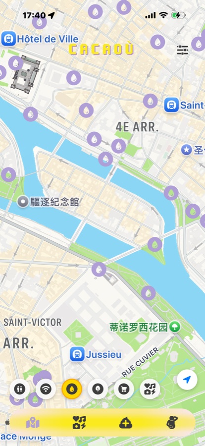 cacaou App 巴黎饮水点地图截图，显示饮水喷泉点位